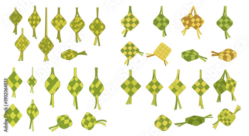 Collection of green and yellow ketupat ornaments in various shapes and patterns.