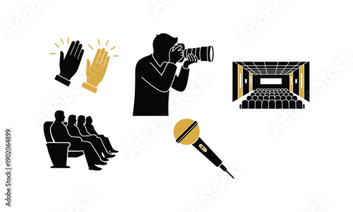 Audience and photographer vector icons including microphone and theater seating silhouette