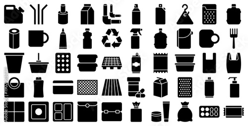 Packaging and household product icons in a solid black silhouette glyph style