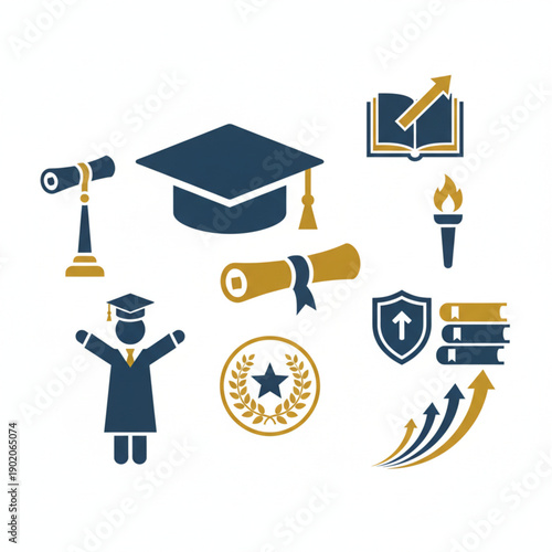 Comprehensive icon set for academic achievement and educational success, featuring symbols of learning, graduation, knowledge, and future growth journey