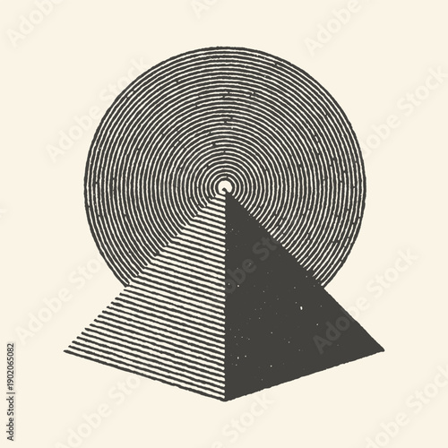 Abstract geometric pyramid shape with concentric circles in black and white, vintage illustration with textured effect