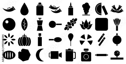 Kitchenware and cooking icons set in a solid black minimalist glyph style for food apps