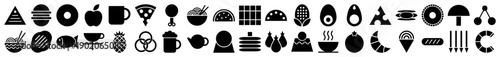 Food and beverage icons in a minimalist black filled style for menu design and interface apps
