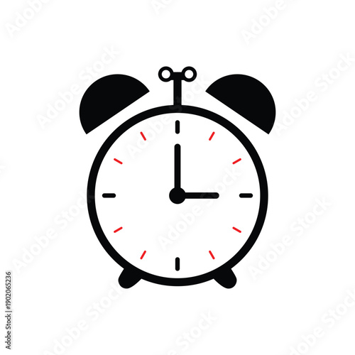 simple black and white alarm clock icon showing the time 3 oclock