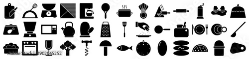 Kitchen and cooking icons set featuring culinary tools and food symbols in a solid black glyph style