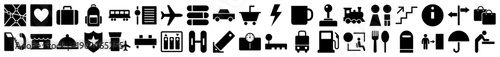 Travel and transportation icons in a black solid glyph style for navigation and user interface design