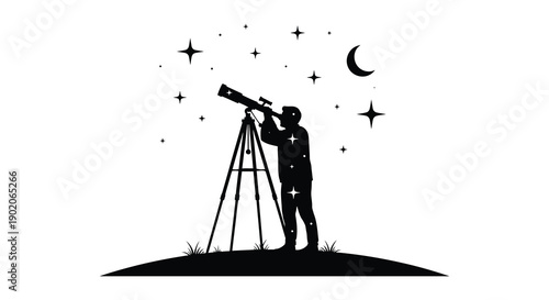 A lone astronomer gazes at the night sky through a telescope atop a small hill a captivating silhouette