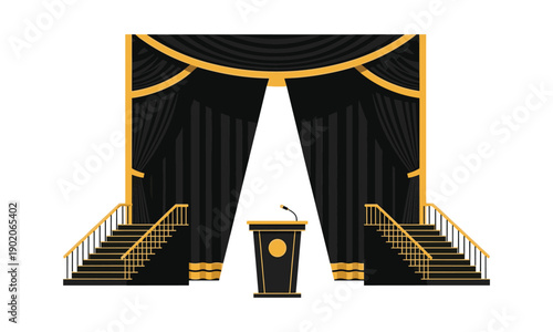 Grand stage design with black curtains and golden stairs for award ceremony vector display