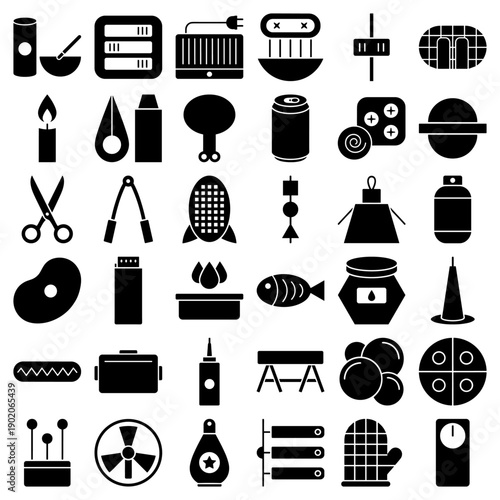 Kitchen and grilling icons in a solid black glyph style featuring cooking tools and food items.