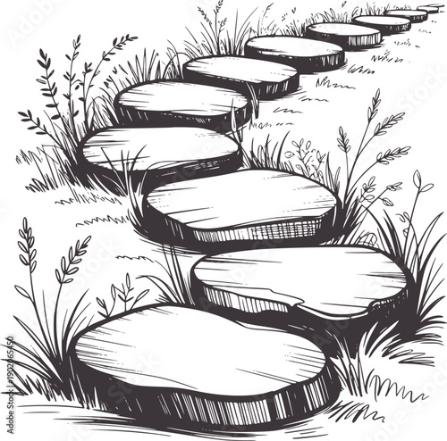 Black and of stone stepping path winding through grass steps stones