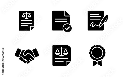 Collection of legal and business icons representing justice, agreement, and achievement