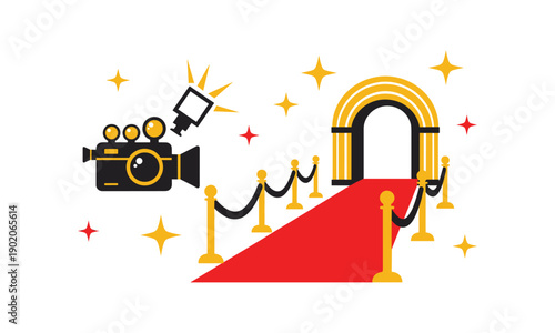 Red carpet entrance, paparazzi camera and stars. vector line art show illustration
