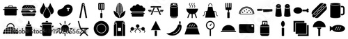 Barbecue and outdoor picnic icons in a minimalist black filled silhouette style for web design.