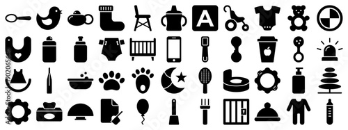 Baby care icons in a black filled silhouette style for nursery and parenting applications