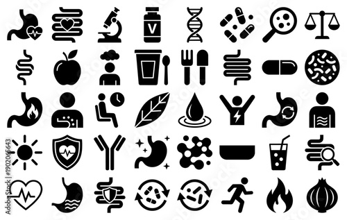 Digestive health and gut microbiome icons in a black filled silhouette style