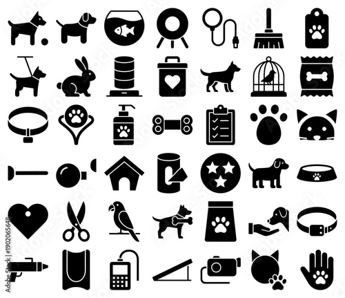 Pet care and animal supplies icons in a black filled silhouette style for web and mobile apps