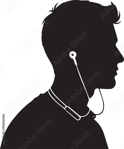 Man listening to music silhouette profile with earbuds and neckband illustration