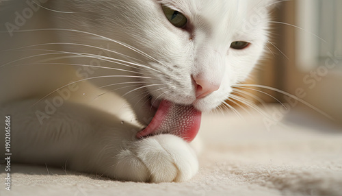 White cat grooming itself with tongue in soft sunlight  