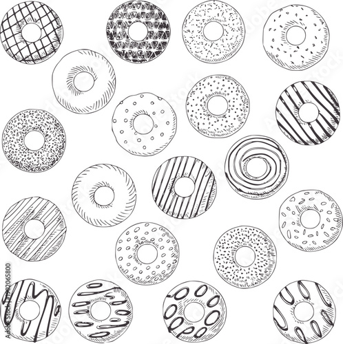 Hand drawn of assorted donuts with various toppings and patterns food sweet pastry