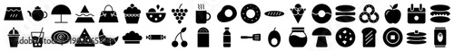 Food and drink icons in a solid black glyph style featuring various snacks, beverages, and meals.