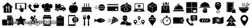 Food delivery and restaurant service icons in a minimalist black solid glyph style