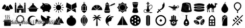 Middle Eastern culture and Islamic tradition icons in a black filled minimalist style