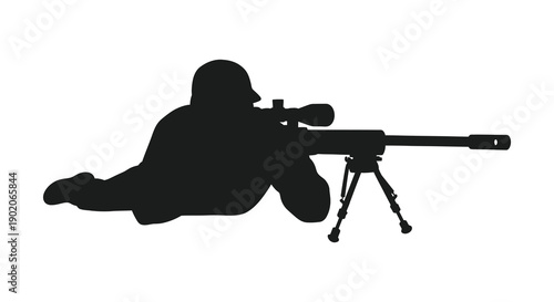 A prone sniper aiming with a rifle supported by a bipod a striking black shape silhouette high quality