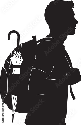 Young traveler silhouette with backpack and umbrella ready for journey illustration