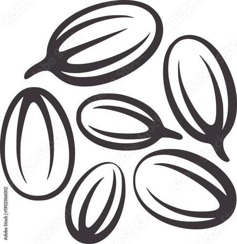 Minimalist black outline of sunflower seeds in various orientations