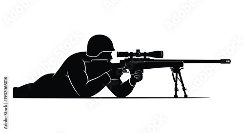 A prone sniper carefully aims a long rifle with a scope depicted in a striking black silhouette
