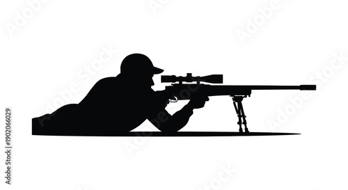 A prone sniper expertly aims with a long rifle creating a stark and dramatic black silhouette high quality