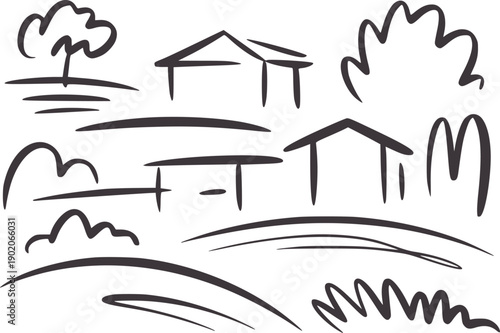 Minimalist black line of houses trees and hills a hillside
