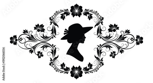 An elegant floral frame surrounds a detailed profile silhouette of a woman wearing a fashionable hat silhouette