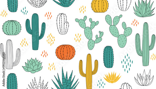 Colorful cactus and succulent illustration pattern with desert plants prickly pear and agave in playful hand drawn flat style for modern decor designs