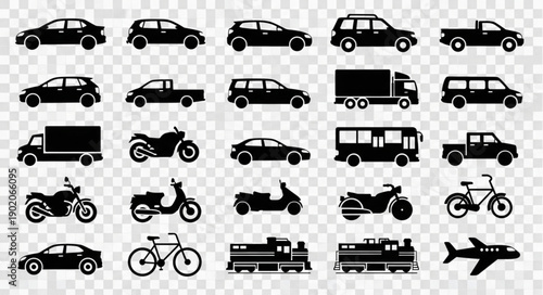 Collection of Silhouetted Vehicles and Transportation Icons.