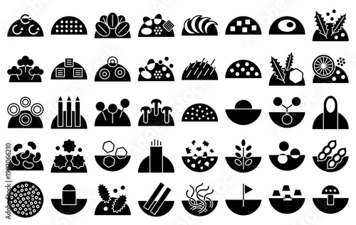 Abstract symbol icons for agriculture and science in a solid black glyph style set.