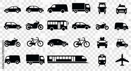 Collection of Silhouetted Vehicles and Transportation Icons.