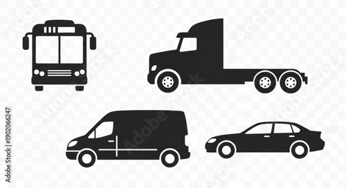Collection of Silhouetted Vehicles Including Bus Truck Van and Car.