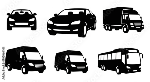 Collection of Silhouetted Vehicles Including Cars Trucks and Buses.
