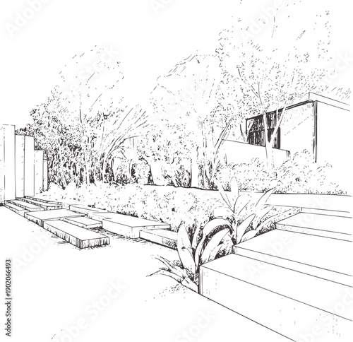 Of a minimalist house with landscaped garden and tall plants landscaping trees