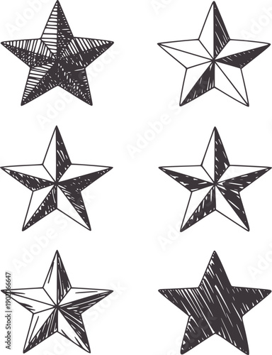 Six handdrawn fivepoint stars with varied shading and line styles in monochrome