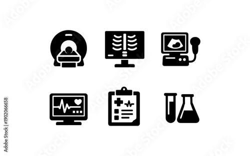 Medical diagnostic equipment icons including MRI, X-ray, ultrasound, ECG, and lab tests