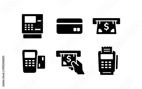 Collection of financial transaction icons including ATM, credit card, and payment terminal