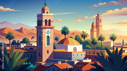 Very beautiful Koutoubia Mosque minaret rising above Marrakech medina, showcasing classic Islamic design, historical significance, and a defining symbol of the city skyline.