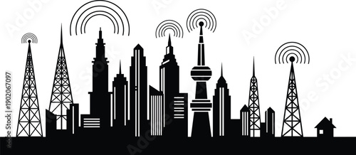 Black and white city skyline with communication towers and wireless signals urban landscape 1