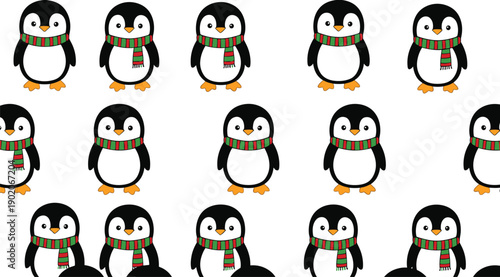 Cute penguin vector set with red and green striped scarves for winter holiday stationery or festive Christmas pattern design
