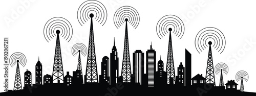 City skyline with communication towers and wireless signals in black and white urban landscape