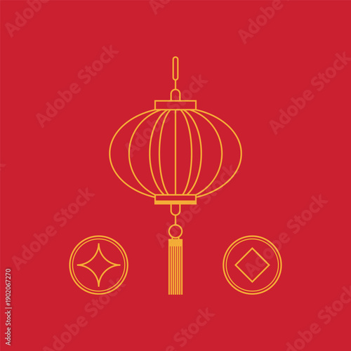 chinese lunar new year lantern with gold coin on red background