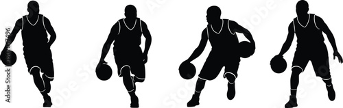 Four basketball players dribbling silhouette sports