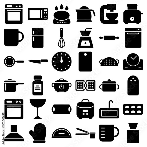 Kitchen appliance and cookware icons in a solid black minimalist glyph style for web design